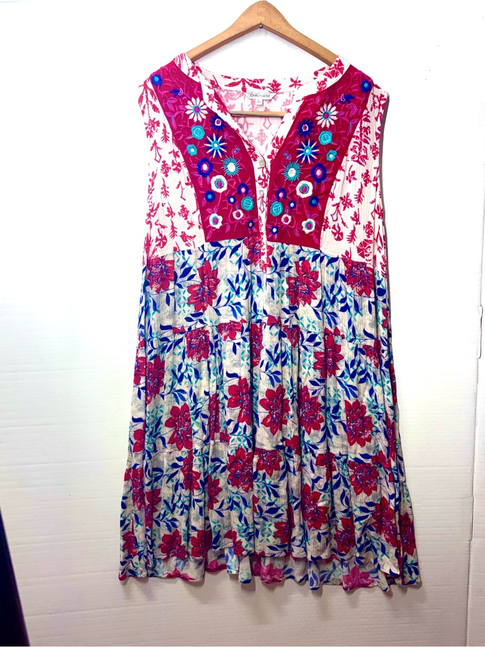 John Mark Gauze Summer Dress Embroidered Floral Sleeveless Dress Red Blue Large
